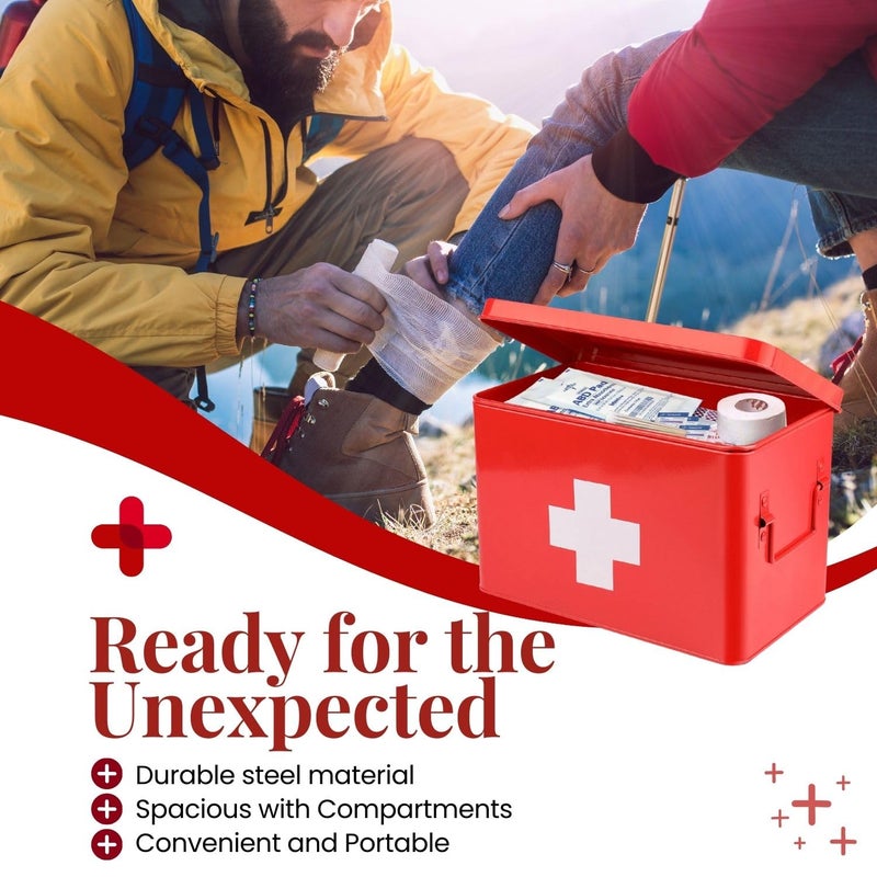 Flexzion First Aid Box Organizer Empty 13" Red Vintage First Aid Kit Tin Metal Medical Box - First Aid Storage Box Container Bins with Dividers, Removable Tray and White Cross Logo - Image 4